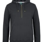A black hooded sweatshirt with a half-zip front and drawstring hood. The hoodie has a kangaroo pocket at the front and features brass-colored zipper and drawstring tips.