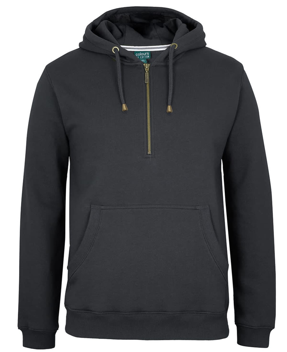 A black hooded sweatshirt with a half-zip front and drawstring hood. The hoodie has a kangaroo pocket at the front and features brass-colored zipper and drawstring tips.