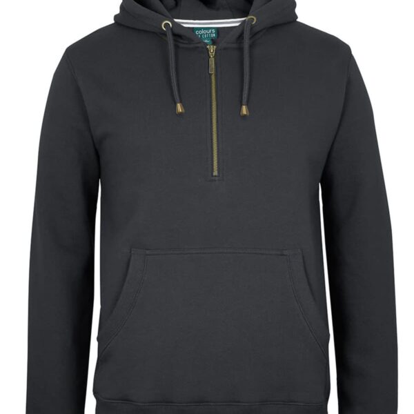 A black hooded sweatshirt with a front zip halfway down, drawstring hood, and a front kangaroo pocket. The hoodie is displayed front-facing on a plain white background.