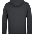 The image shows the back view of a plain, dark-colored hoodie with long sleeves and a hood. The fabric appears soft and the design is simple and unadorned.