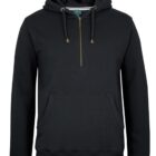 Black pullover hoodie with a front pocket, half-zip closure, and drawstring hood. .