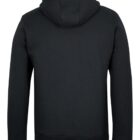 The image shows the back view of a plain black hoodie with long sleeves and a hood. The fabric appears soft and comfortable. There are no visible logos or designs on the hoodie.
