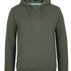 Green hooded sweatshirt with a half-zip front and drawstrings. It features a front kangaroo pocket and a ribbed hem and cuffs.
