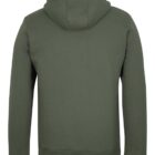 A back view of a plain, olive green hoodie with a hood and long sleeves. The sweatshirt appears to be made of a soft, comfortable material. The design is simple with no visible logos or patterns.