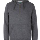A grey pullover hoodie with a quarter zip and drawstrings. It features a front pouch pocket and a comfortable, casual design.