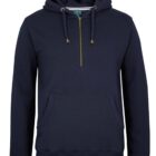 A navy blue hoodie with a quarter-zip closure and drawstring hood. It features a front kangaroo pocket and subtle stitching details.