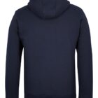 Back view of a navy blue hoodie showing the hood, long sleeves, and a ribbed hem. The fabric appears soft and comfortable, suitable for casual wear. The hoodie is displayed against a plain white background.
