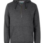 A dark gray hoodie with a front half zipper and a kangaroo pocket. It has adjustable drawstrings on the hood and is displayed against a plain white background.