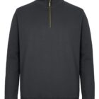 A dark gray quarter-zip sweatshirt with a high collar and long sleeves. The zipper is brass-colored, and the design is plain with no visible logos or patterns. The sweatshirt appears to be made of a thick, comfortable fabric.