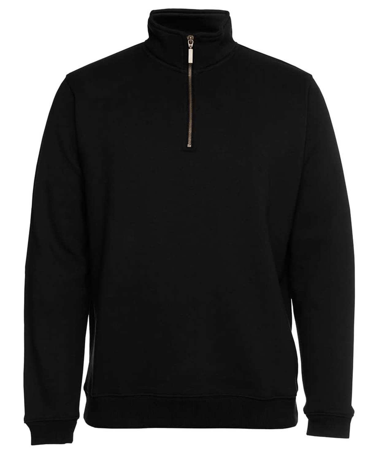 A black quarter-zip sweatshirt with a stand-up collar and a metal zipper. The design is minimalist and features long sleeves.
