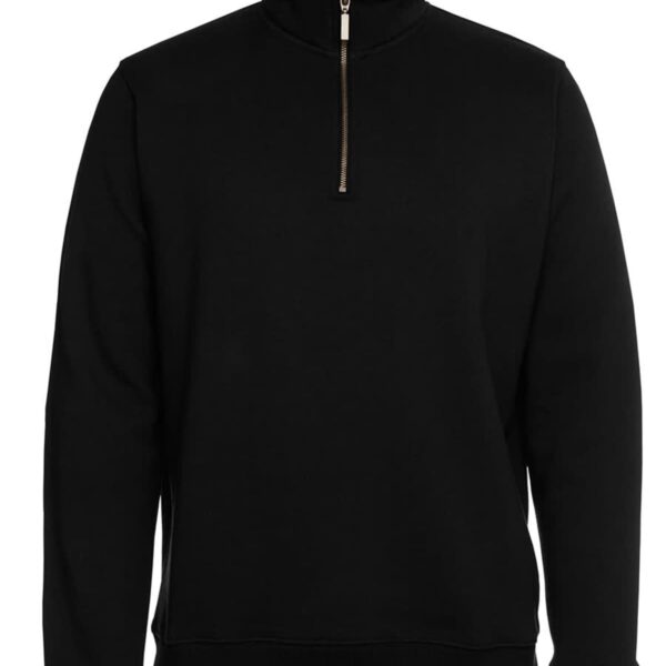 A black pullover featuring a high collar and a half-zipper front. The long-sleeved top appears plain with no visible logos or patterns, suitable for casual or semi-casual wear.