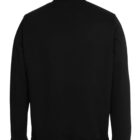 Back view of a plain black long-sleeve jacket with a high collar and no visible branding.
