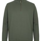 A green pullover with a quarter-zip and stand-up collar, featuring long sleeves and a ribbed hem. The zipper is gold-colored, adding a subtle contrast to the overall design.