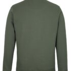 A back view of a plain olive green sweatshirt with a high collar. The sweatshirt has long sleeves and a simple, clean design.