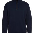 A navy blue quarter-zip sweatshirt with a high collar and a front zipper. The sweatshirt has long sleeves and a simple, solid color design, offering a casual and comfortable style.