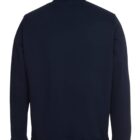 A navy blue, full-sleeved jacket is shown from the back. The jacket has a high collar and a relaxed fit, with ribbed cuffs and hem. The fabric appears warm and comfortable, suitable for casual or sporty wear.