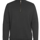 A black quarter-zip sweatshirt with a high collar and a zippered closure at the top. The design is plain with long sleeves and a ribbed hem.