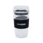A transparent, stackable tea or coffee cup with a clear lid. It features a black rubber grip with the Koss logo in white. The design is modern and minimalist.