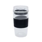 A clear plastic reusable travel mug with a black silicone band around the center for grip. The lid is transparent and the cup is shown empty against a white background.
