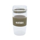 A clear tumbler with a dark brown band around the center, featuring the Etnies logo in white. The lid is transparent, and the tumbler is designed for portability with a sleek, modern look.