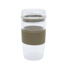 A clear reusable travel cup with a brown silicone grip in the middle and a transparent lid. The design is sleek and minimalistic.