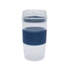 A clear reusable glass cup with a transparent lid and a navy blue silicone grip around the middle. The cup is empty and stands upright against a plain white background.