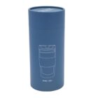 A cylindrical blue packaging box with a simple line drawing of a travel mug on its front. Text below the drawing indicates the volume 354 ML = 12 OZ. The lid of the box is slightly darker in color.