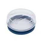 A clear, round plastic lid with a blue rubber seal. The lid is designed to fit snugly on a container, providing an airtight seal.
