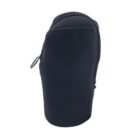 A black, neoprene camera lens pouch with a zipper and a metal loop for attachment, designed to protect lenses from dust and impact. The pouch is shown standing upright against a plain, white background.