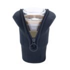 A transparent cup filled with liquid is nestled inside a black neoprene sleeve with a zipper partially closed, creating an organized and insulated appearance.