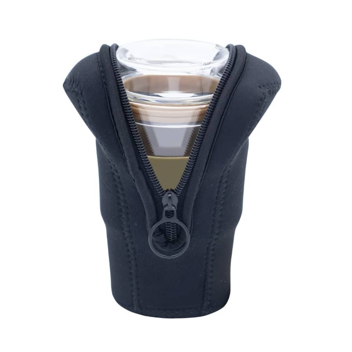 A transparent cup filled with liquid is nestled inside a black neoprene sleeve with a zipper partially closed, creating an organized and insulated appearance.