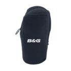 A black neoprene case with the white letters B&G printed on it, designed to protect a VHF radio. It features a curved shape with stitching along the edges and a small loop near the top for easy carrying or attachment.