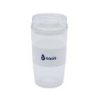 A clear double-walled tumbler with a white band. The band features the word oasis and a water droplet logo in blue. The tumbler has a transparent lid and a sleek, modern design.