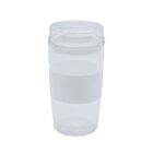 A transparent travel mug with a clear lid and a white silicone grip around the middle.