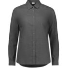 A long-sleeved, dark gray button-up shirt with a classic collar, displayed on a plain white background.