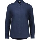 A navy blue, long-sleeved button-up shirt with a classic collar, displayed on a white background. The shirt has a simple, elegant design with a slightly curved hem.