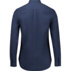 The image shows the back view of a long-sleeved, button-up navy blue shirt. The shirt has a classic collar and buttoned cuffs, appearing neatly pressed and tailored.