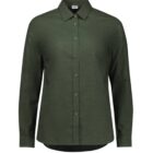 A dark green collared button-up shirt with long sleeves and a straight hem, displayed against a plain white background.