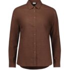A long-sleeved, button-up brown shirt on a plain white background. The shirt features a classic collar and a straight hem, with buttons running down the front.