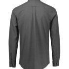 Back view of a long-sleeve, dark gray dress shirt. The shirt features a classic collar, buttoned cuffs, and a straight hem.