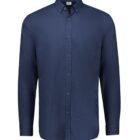 A navy blue, long-sleeve button-up shirt with a classic collar and a chest pocket. The shirt is displayed against a plain white background.