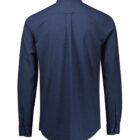 Blue long-sleeve dress shirt seen from the back, with a yoke detail and buttoned cuffs. The shirt has a smooth texture and a curved hemline.
