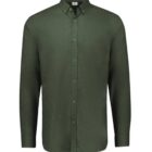 A long-sleeve, button-up, dark green shirt with a collar and a chest pocket, displayed against a white background.