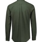 Back view of a long-sleeved, button-up, dark green shirt. The shirt features a classic collar and buttoned cuffs.