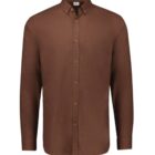 A brown, long-sleeved button-up shirt with a collar and a single chest pocket.