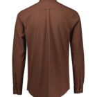 Back view of a long-sleeved, brown button-up shirt. The shirt has a classic collar and buttoned cuffs. It includes a pleat in the center of the back for added comfort and style.