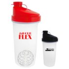 Two transparent shaker bottles with colored lids. The larger bottle has a red lid, 24HOUR FLEX text, and a metal mixing ball. The smaller bottle has a black lid and GENESIS INFINITE text.