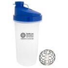 A white shaker bottle with a blue lid, featuring Family Law Pathways Network, Tamworth, 02 6762 9200 printed on it. A metal mixing ball lies beside the bottle.
