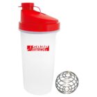 A clear plastic shaker bottle with a red lid featuring the Snap Fitness logo. The lid has a flip-top cap. Beside the bottle is a metal mixing ball designed for blending protein shakes or supplements.