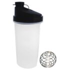 A translucent plastic shaker bottle with a black flip-top lid is next to a metal mixing ball on a white background.